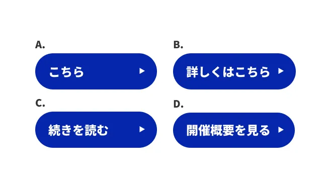 青い角丸のリンクボタンが4つあり、2行2列で並んでいる。リンクボタンの前にはそれぞれAからDまでの記号が振られ、Aは「こちら」、Bは「詳しくはこちら」、Cは「続きを読む」、Dは「開催概要を見る」と表示されている。